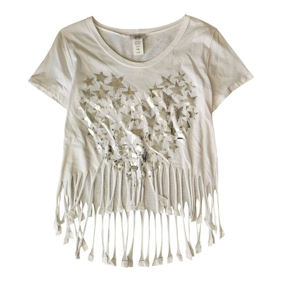 ASSA Tops - Women's Fringe T-Shirt – Silver Star Heart Graphic – Boho Festival Cropped Tee